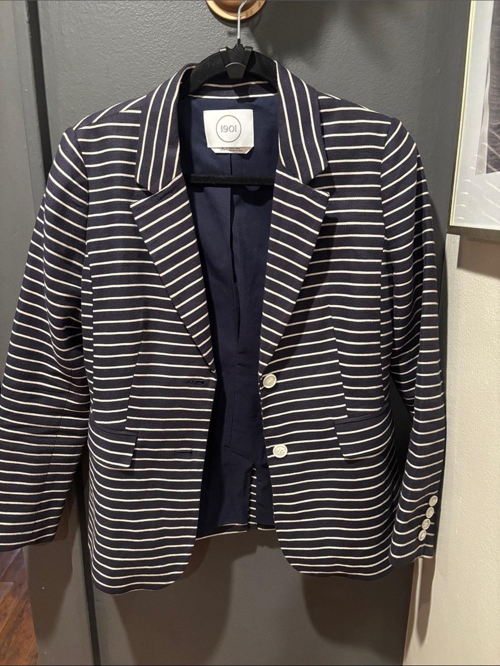 1901 Navy and White Striped Knit Blazer